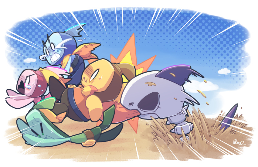 1girl, 3boys, biting, blue_skin, cape, colored_skin, crying, dulles_(mario), ellow_(mario), emphasis_lines, fish_skeleton, green_skin, highres, ireen_(mario), loog_(mario), mario_&amp;_luigi:_brothership, mario_&amp;_luigi_rpg, multiple_boys, nettsuu, open_mouth, orange_cape, orange_skin, pink_skin, sand, scar, scar_on_face, sharkbone_(mario), signature, streaming_tears, super_mario_bros., tears, tripping, wavy_mouth