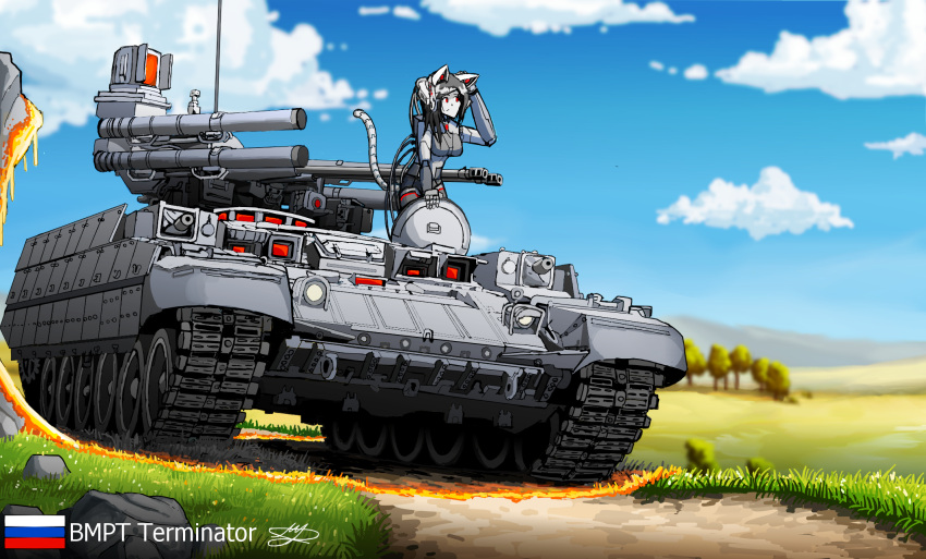 1girl, android, animal_ears, anti-tank_missile, blue_sky, blurry, bmpt_terminator, cannon