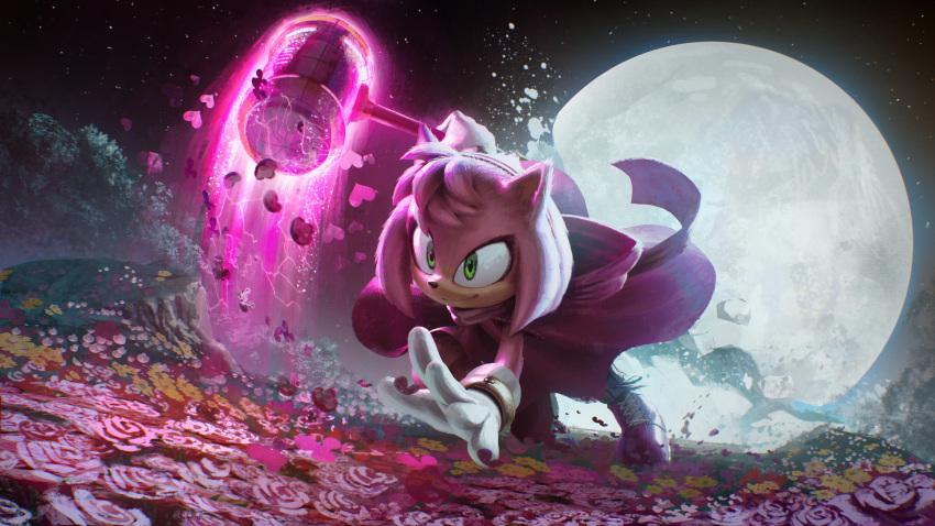 1girl, absurdres, amy_rose, boots, bracelet, cloak, closed_mouth, commentary