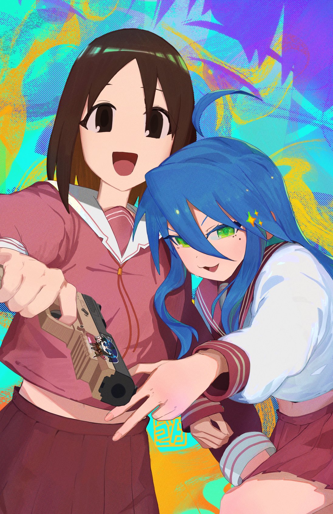 2girls, abstract_background, ahoge, aiming, aiming_at_viewer, azumanga_daioh, azumanga_daioh's_school_uniform, blue_hair