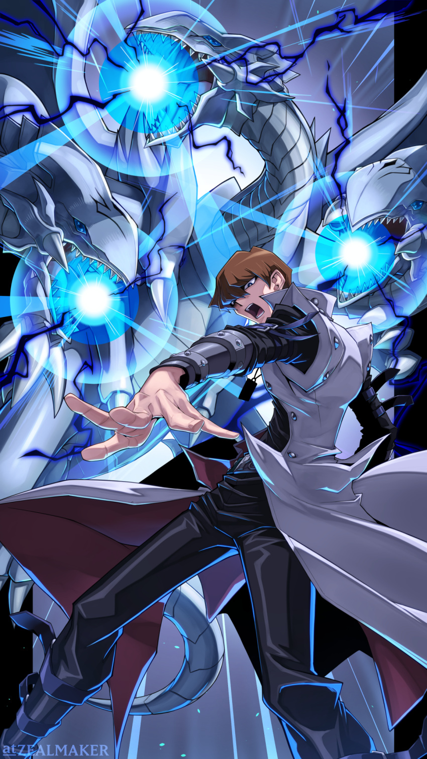 1boy, artist_name, aura, black_pants, blue-eyes_ultimate_dragon, blue_eyes, brown_hair, coat
