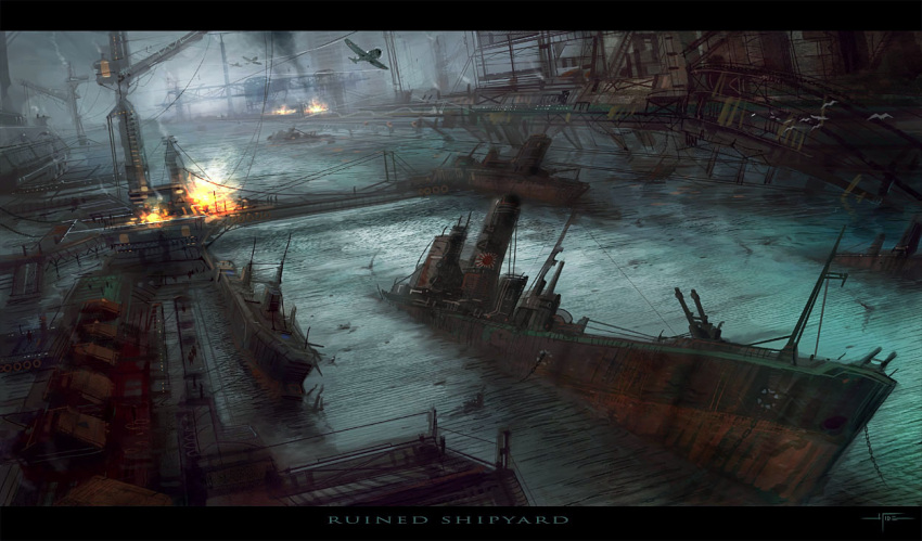 aircraft, airplane, battle, bridge, dock, english_text, fire, hideyoshi_ruwwe