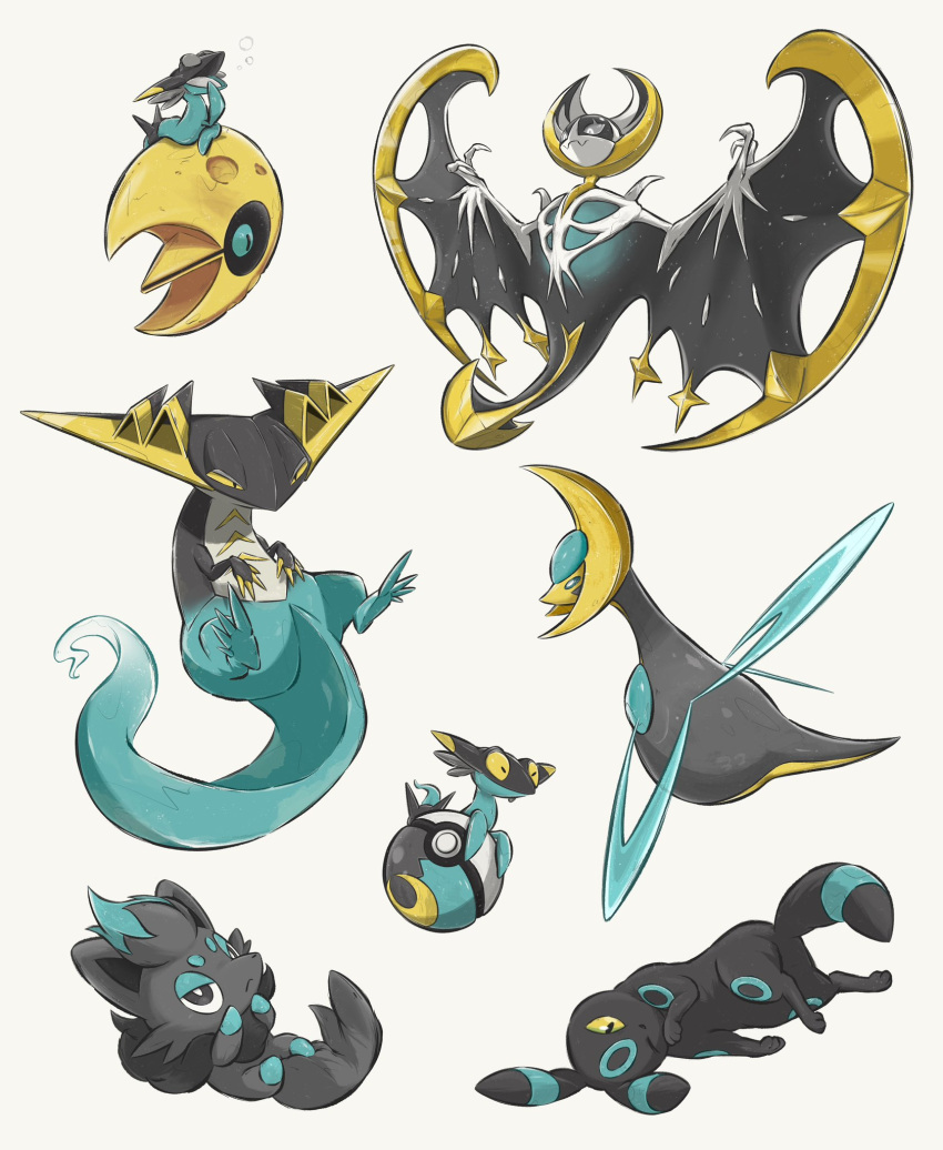 alternate_color, aqua_eyes, bright_pupils, claws, closed_mouth, commentary, cresselia, dragapult