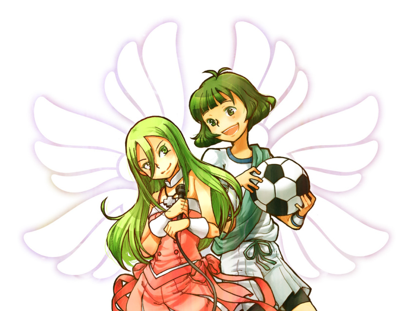 afuro_terumi, akizuki_ryou, antenna_hair, ball, bare_shoulders, bike_shorts, blush, cosplay