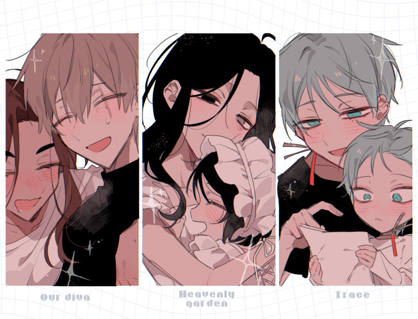 2boys, 4girls, alien_stage, black_eyes, black_hair, black_shirt, brown_hair, closed_eyes