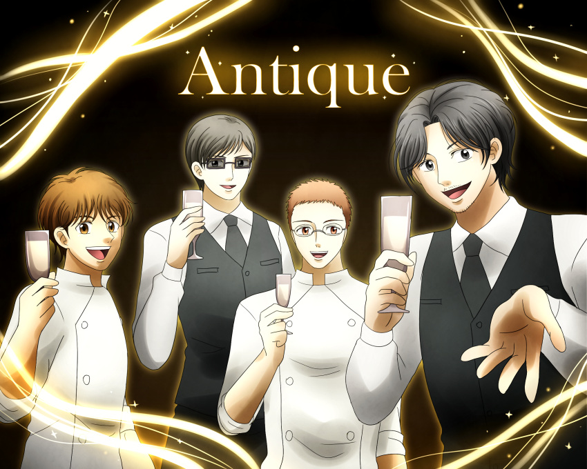 4boys, :d, alcohol, black_background, black_eyes, black_hair, black_necktie, brown_eyes, brown_hair, champagne, highres, kanda_eiji, kobayakawa_chikage, littlesila, long_sleeves, multiple_boys, necktie, ono_yuusuke, patissier, seiyou_kotto_yougashiten:_antique, short_hair, smile, sunglasses, tachibana_keiichiro, vest