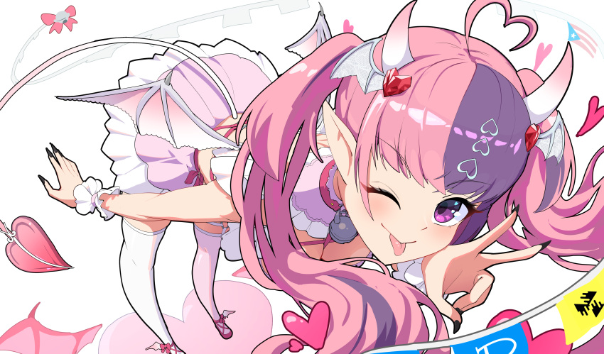 1girl, absurdres, ahoge, bamboowacker, bat_wings, bell, black_nails, blush