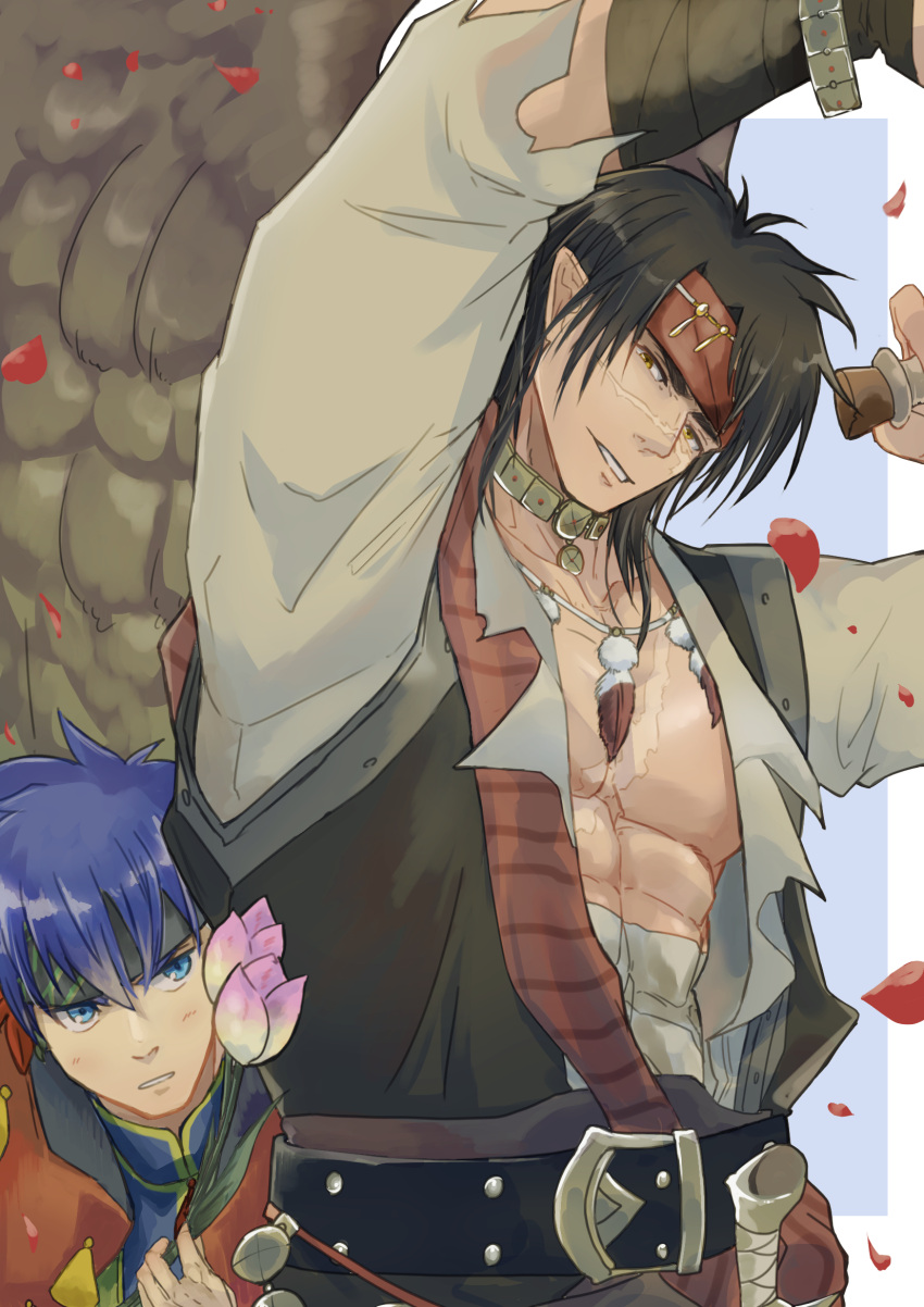 2boys, abs, bare_pectorals, black_hair, blue_eyes, blue_hair, commentary_request, fire_emblem