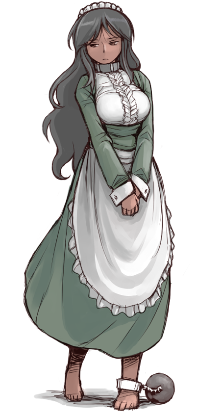 1girl, apron, ball_and_chain_restraint, barefoot, breasts, brown_eyes, center_frills, closed_mouth, collar, cuffs, dark-skinned_female, dark_skin, dorei, dress, frills, frown, full_body, futaba_channel, green_dress, grey_hair, large_breasts, long_hair, long_sleeves, maid, maid_apron, maid_headdress, metal_collar, nijiura_maids, own_hands_together, shackles, shadow, sideways_glance, simple_background, sleeve_cuffs, solo, third-party_source, tsuda_nanafushi, v_arms, white_apron, white_background, white_sleeve_cuffs