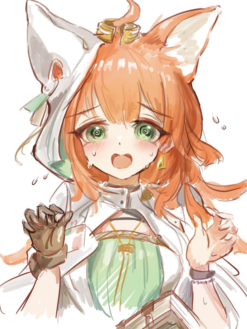1girl, @_@, ahoge, animal_ears, arknights, blush, brown_gloves, commentary_request