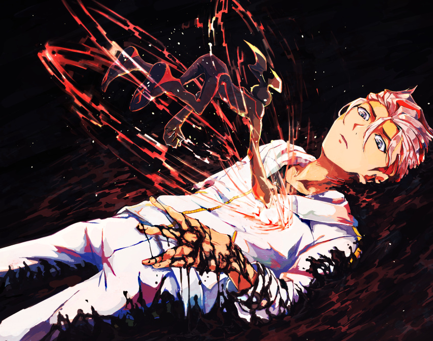 1boy, 1other, black_shirt, body_markings, dirt, dirty, dirty_clothes, dirty_face, dirty_hands, facing_to_the_side, fire, flame_(yu-gi-oh!_vrains), floating, flying, grey_eyes, hair_slicked_back, hand_on_own_stomach, hand_on_own_thigh, highres, homura_takeru, hood, hoodie, humanoid_robot, ikkei, jacket, knees_up, light_particles, looking_at_another, looking_at_object, looking_up, lying, male_focus, midair, multicolored_hair, night, night_sky, on_back, on_grass, on_ground, outdoors, outstretched_arms, pants, robot, shirt, sky, sparks, streaked_hair, track_jacket, track_pants, track_suit, white_hair, white_hoodie, white_pants, yellow_trim, yu-gi-oh!, yu-gi-oh!_vrains