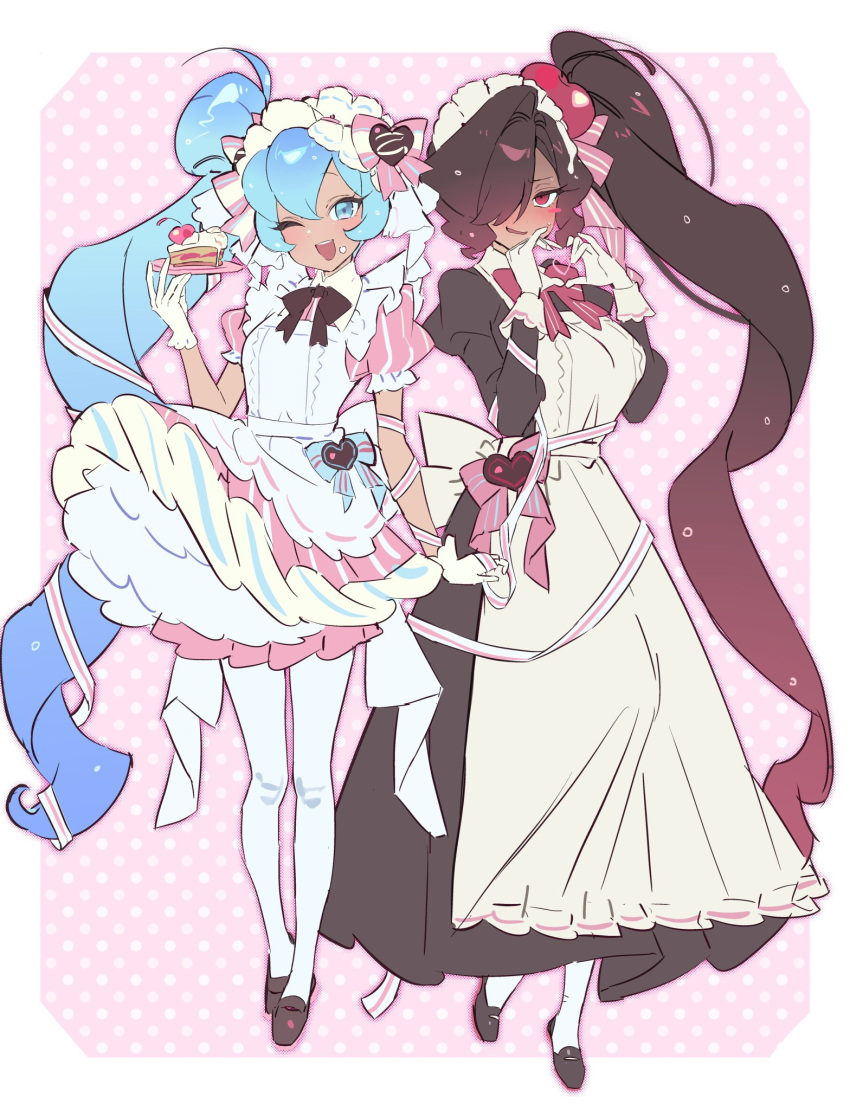 2girls, :d, apron, black_bow, black_dress, black_footwear, black_hair, blue_eyes