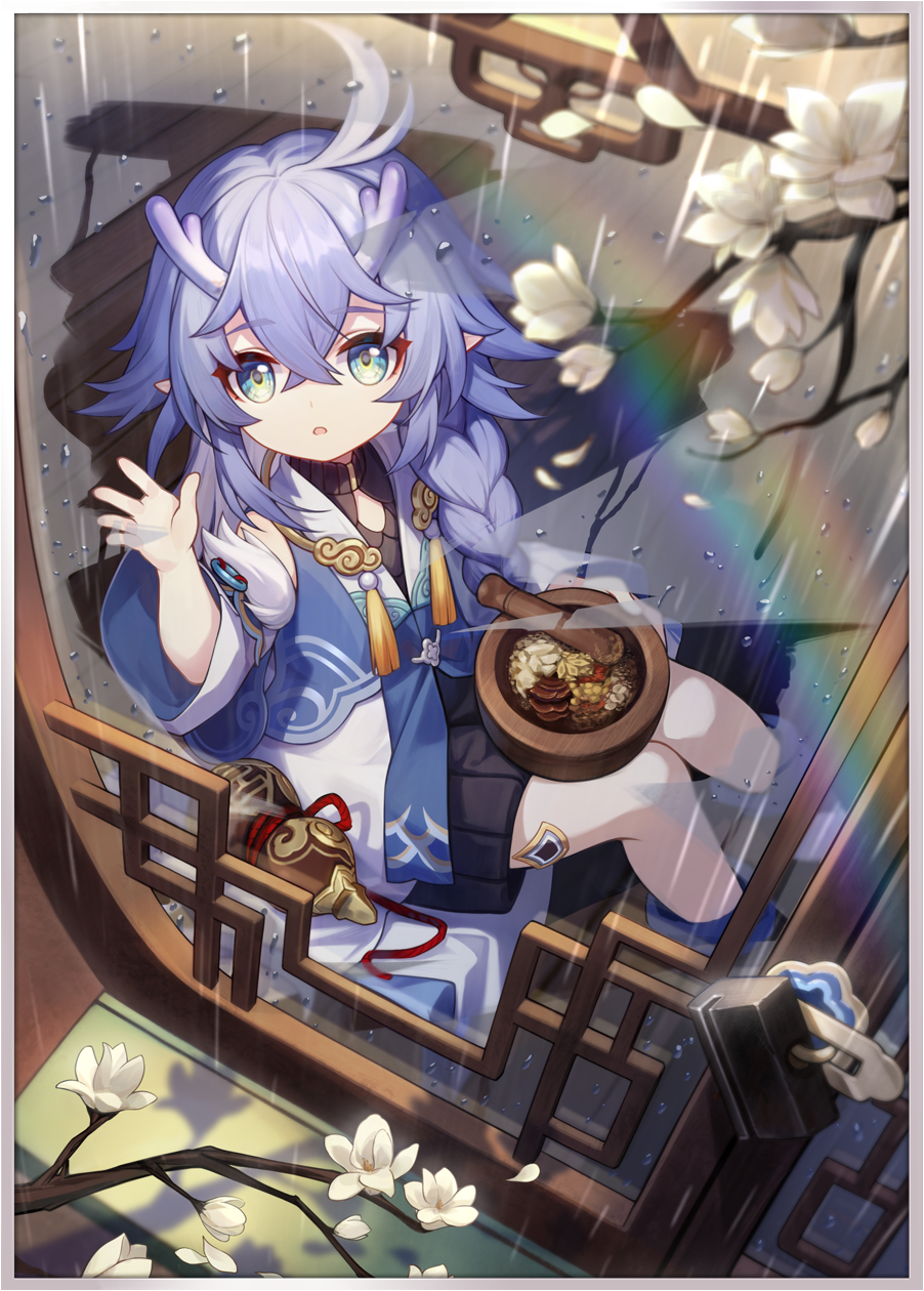 1girl, :o, architecture, bailu_(honkai:_star_rail), blue_eyes, blue_jacket, border, braid, branch, chinese_clothes, crossed_bangs, dragon_girl, duijin_ruqun, east_asian_architecture, eastern_dragon_horns, falling_petals, flower, from_above, gourd, hanfu, highres, honkai:_star_rail, honkai_(series), jacket, lattice, long_hair, looking_at_viewer, official_art, open_mouth, petals, pointy_ears, purple_hair, rainbow, side_braid, single_braid, sitting, solo, tassel, third-party_source, white_border, white_flower, wooden_floor