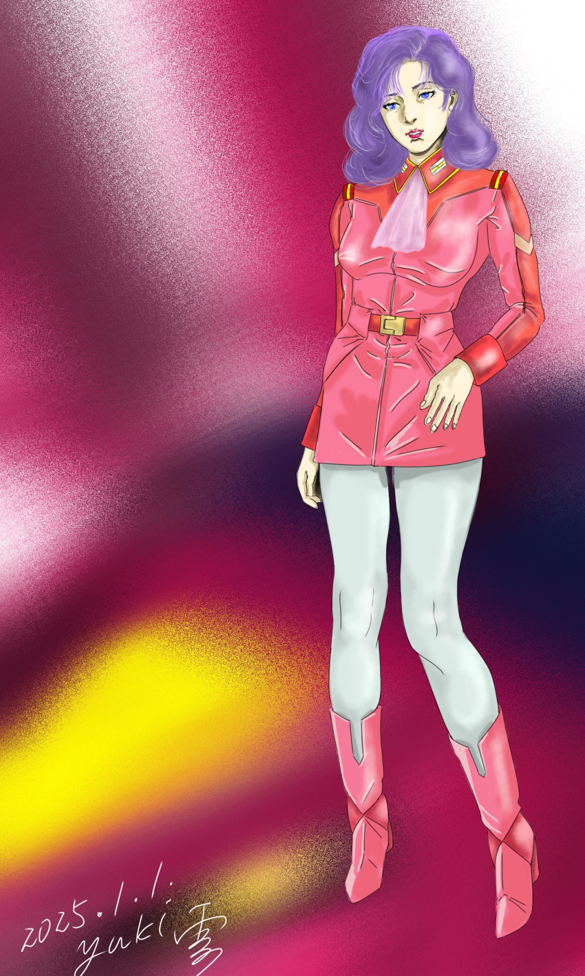1girl, 2025, absurdres, belt, blue_eyes, boots, commentary_request, dated
