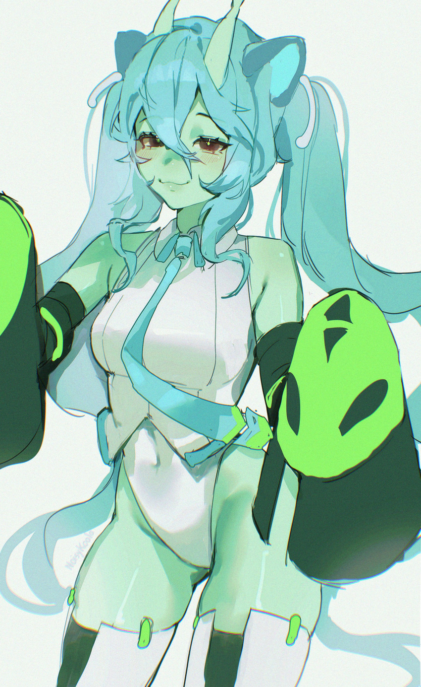 1girl, :3, absurdres, alien, antennae, blue_hair, colored_skin, detached_sleeves