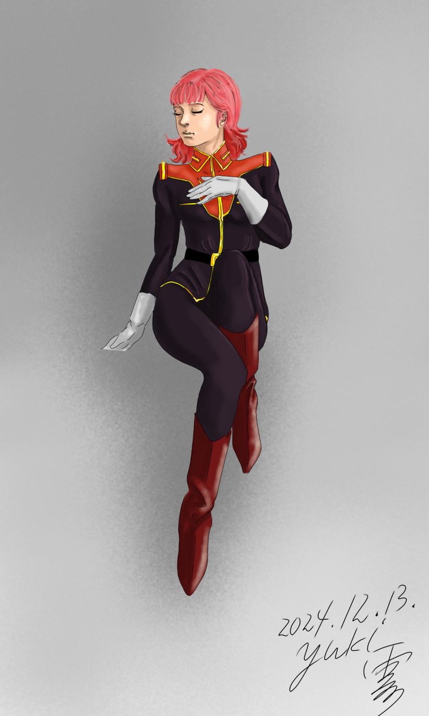 1girl, 2024, absurdres, boots, closed_eyes, commentary_request, dated, gloves, gradient_background, grey_background, gundam, highres, military_uniform, pink_hair, sarah_zabiarov, science_fiction, signature, titans_(gundam), white_gloves, yuki_xue_ying, zeta_gundam