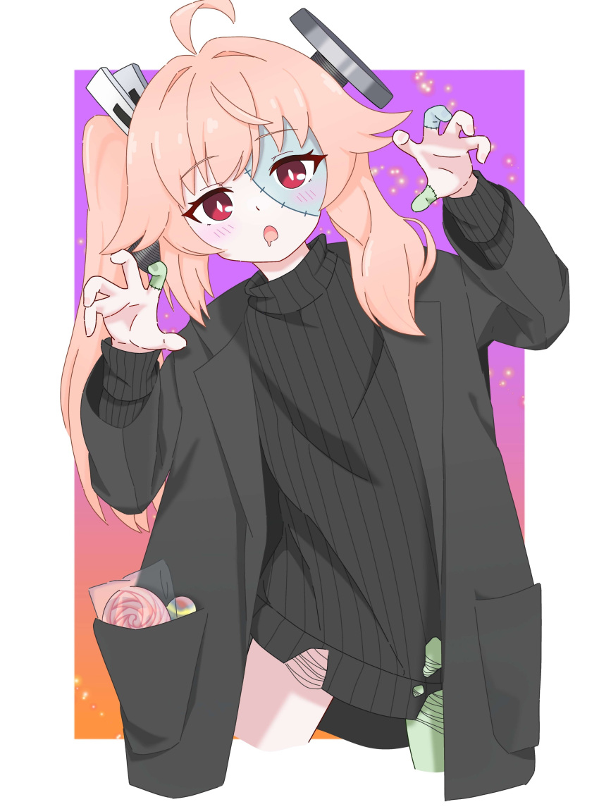 1girl, :o, absurdres, ahoge, black_jacket, black_sweater, blue_archive, blush