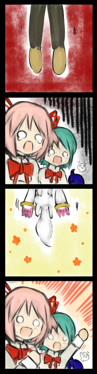 arm_up, comic, d-rev_g, gaijin_4koma, kaname_madoka, kyubey, kyuubee, mahou_shoujo_madoka_magica, miki_sayaka, o_o, open_mouth, smile, spoilers, tears, tomoe_mami