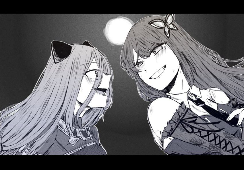 2girls, assault_lily, bare_shoulders, blush, braid, breasts, bruise, bruise_on_face