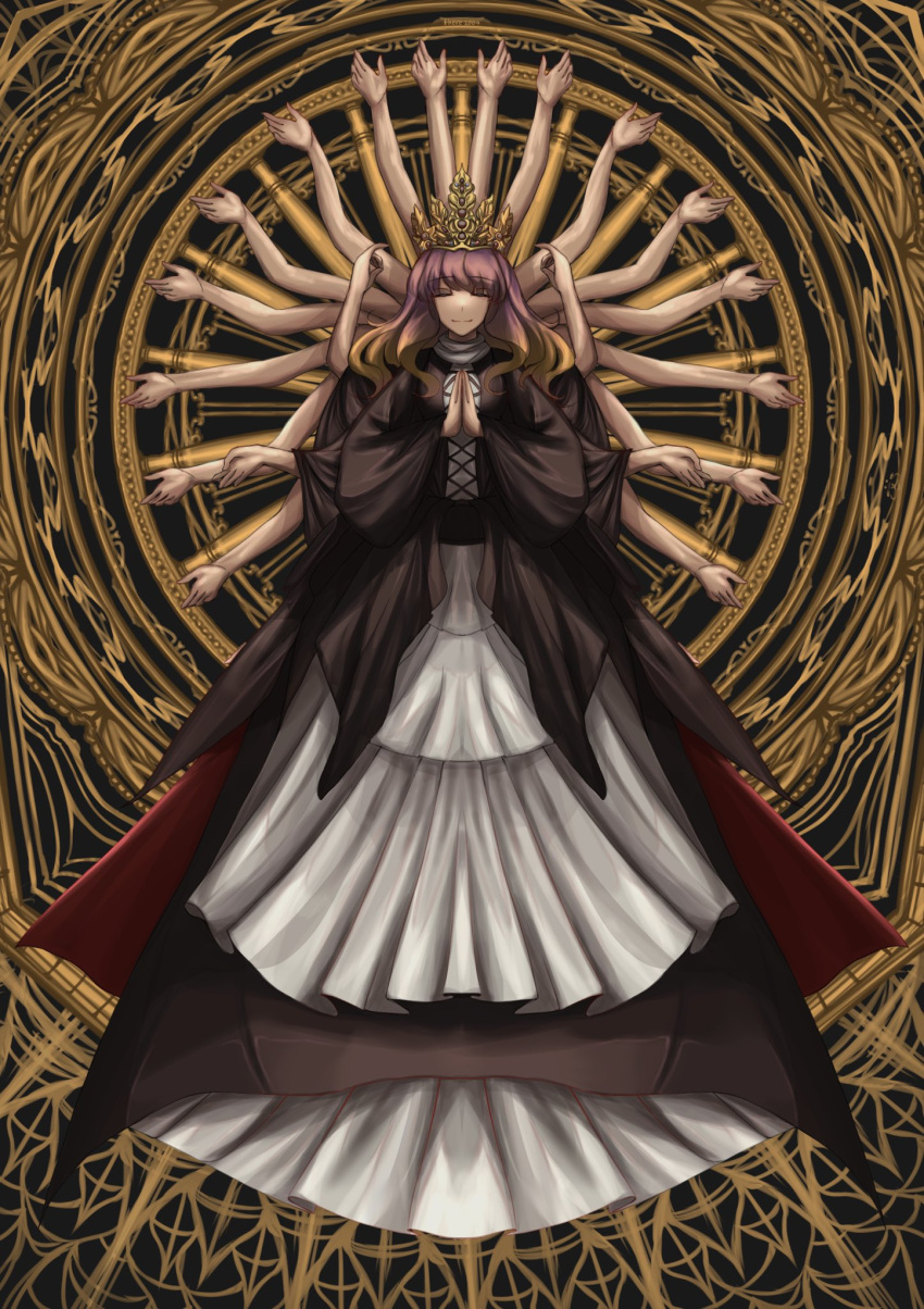 ajirogasa, bodhisattva, buddhism, commentary, dress, extra_arms, flower, gradient_hair