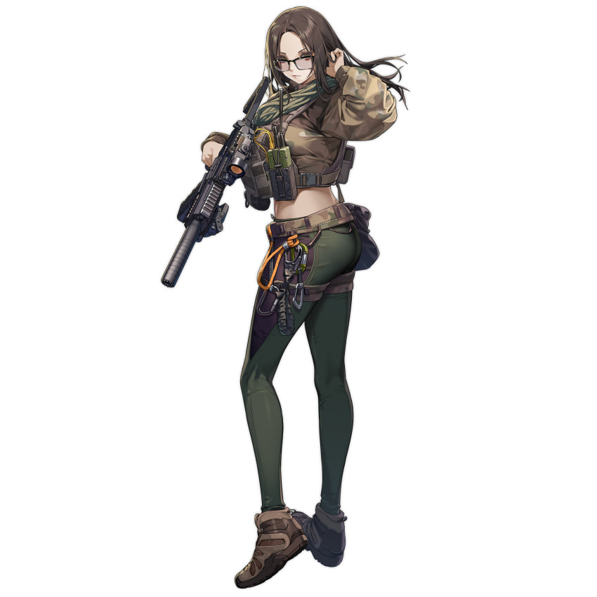 1girl, arena_breakout, assault_rifle, brown_hair, carabiner, cropped_shirt, girls_frontline, glasses