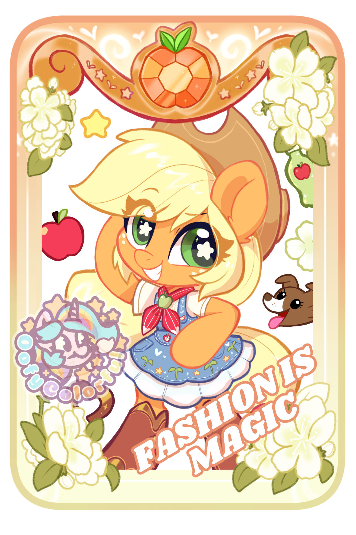 1girl, animal_ears, apple, applejack, blonde_hair, blue_overalls, boots, border