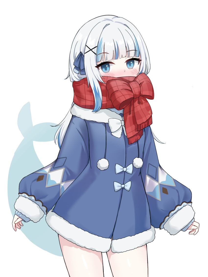 1girl, blue_coat, blue_eyes, blue_hair, blue_ribbon, blush, cattocut, coat, commentary, covered_mouth, cowboy_shot, english_commentary, fins, fish_tail, fur-trimmed_coat, fur_trim, gawr_gura, gawr_gura_(6th_costume), hair_ornament, hair_ribbon, highres, hololive, hololive_english, long_hair, long_sleeves, looking_at_viewer, multicolored_hair, official_alternate_costume, plaid_clothes, plaid_scarf, pom_pom_(clothes), puffy_long_sleeves, puffy_sleeves, red_scarf, ribbon, scarf, shark_girl, shark_tail, simple_background, solo, standing, streaked_hair, tail, virtual_youtuber, white_background, white_hair, winter_clothes, winter_coat, x_hair_ornament