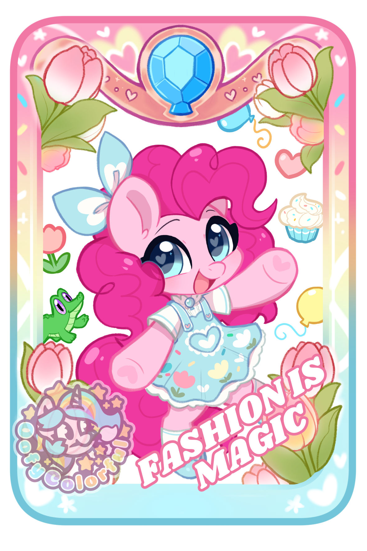 1girl, :d, animal_ears, blue_border, blue_eyes, blue_footwear, blue_gemstone, blue_overalls