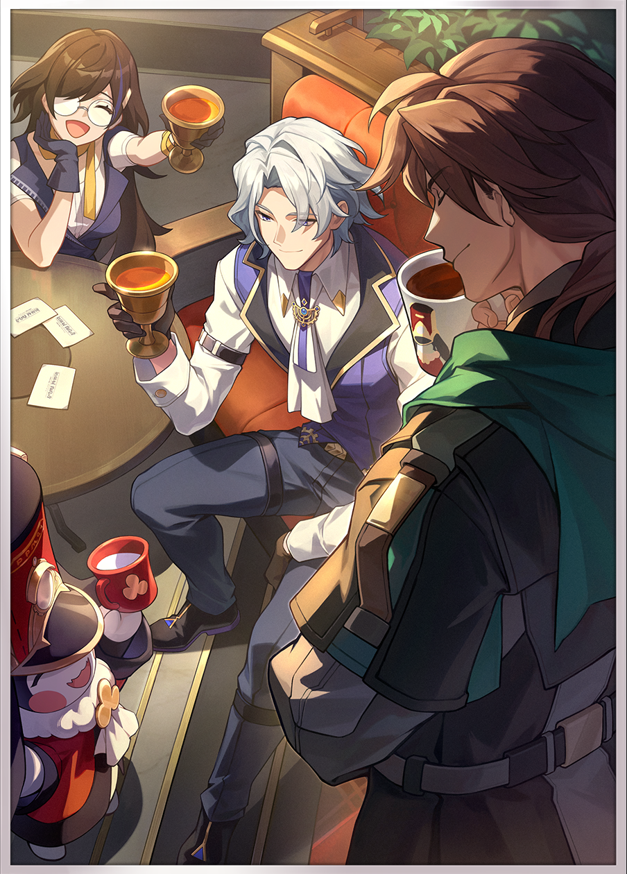 1girl, 1other, 2boys, ^_^, arm_strap, ascot, astral_express_(honkai:_star_rail), belt