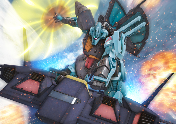 3d, aeug, aircraft, battle, cable, commentary_request, debris, dijeh, dodai_kai, explosion, gundam, holding_beam_saber, machinery, mecha, mecha_focus, mobile_suit, no_humans, one-eyed, photo_background, realisitic, realistic, riding, robographer, robot, roundel, science_fiction, zeta_gundam, zeta_gundam_define