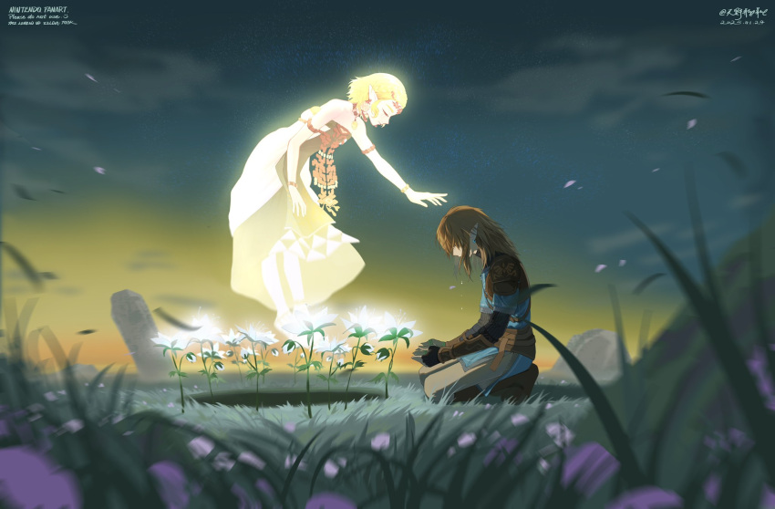 1boy, 1girl, animal_ears, armlet, armor, blonde_hair, blue_tunic, blurry, blurry_foreground, boots, bracelet, brown_footwear, brown_gloves, brown_pants, champion's_tunic_(zelda), chinese_commentary, circlet, closed_eyes, commentary_request, dated, dress, english_text, falling_petals, fingerless_gloves, floating, flower, from_side, gloves, glowing, glowing_flower, highres, jewelry, kneeling, layered_sleeves, link, long_sleeves, medium_hair, on_grass, pants, petals, pointy_ears, princess_zelda, purple_flower, purple_petals, reaching, reaching_towards_another, short_hair, short_over_long_sleeves, short_sleeves, shoulder_armor, silent_princess, strapless, strapless_dress, the_legend_of_zelda, the_legend_of_zelda:_tears_of_the_kingdom, tianyexiping, tunic, twilight, twitter_username, white_dress