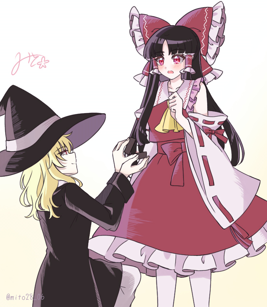2girls, ascot, black_hat, blonde_hair, blush, bow, brown_hair, closed_mouth