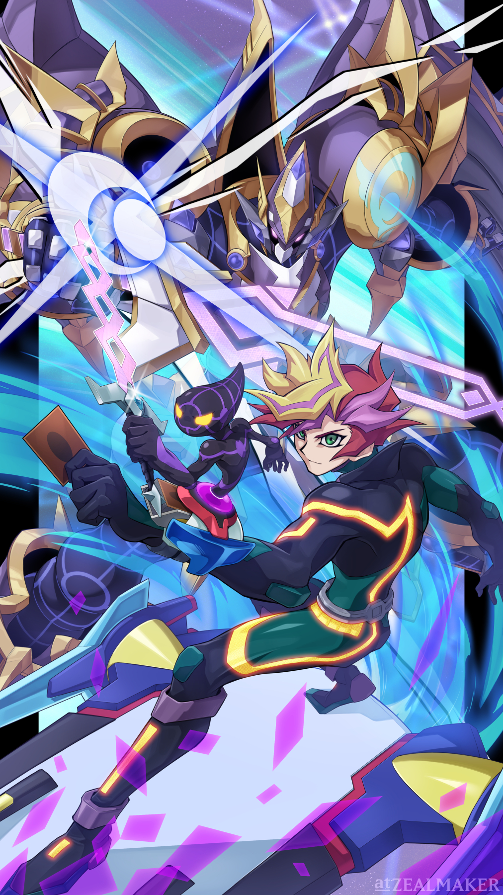 3boys, accesscode_talker, accode_talker_@ignister, ai_(yu-gi-oh!), artist_name, black_skin, blonde_hair, bodysuit, brown_hair, card, colored_skin, deck_of_cards, duel_disk, duel_monster, energy_sword, fujiki_yusaku, green_bodysuit, green_eyes, highres, holding, holding_card, hoverboard, multicolored_hair, multiple_boys, playmaker_(yu-gi-oh!), purple_hair, short_hair, spiky_hair, sword, trading_card, weapon, yu-gi-oh!, yu-gi-oh!_vrains, zealmaker