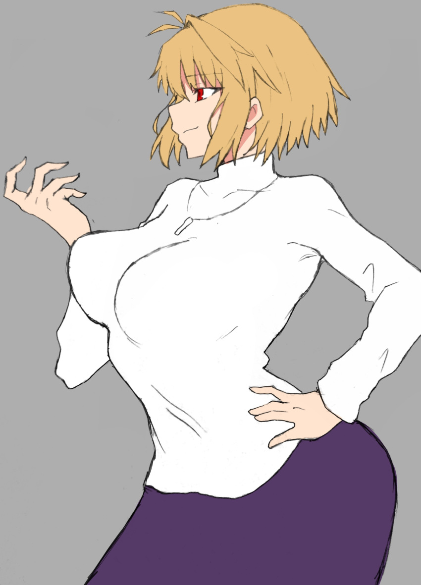 1girl, absurdres, ahoge, arcueid_brunestud, blonde_hair, breasts, curvy, fingernails, hands_on_own_hips, highres, jewelry, looking_to_the_side, maz_515, necklace, purple_skirt, red_arcueid, red_eyes, sharp_fingernails, short_hair, skirt, smile, sweater, tsukihime, tsukihime_(remake), wide_hips