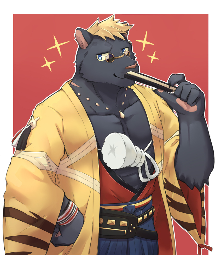 1boy, abs, animal_ears, blonde_hair, blue_eyes, claw_(world_flipper), closed_mouth, commentary_request