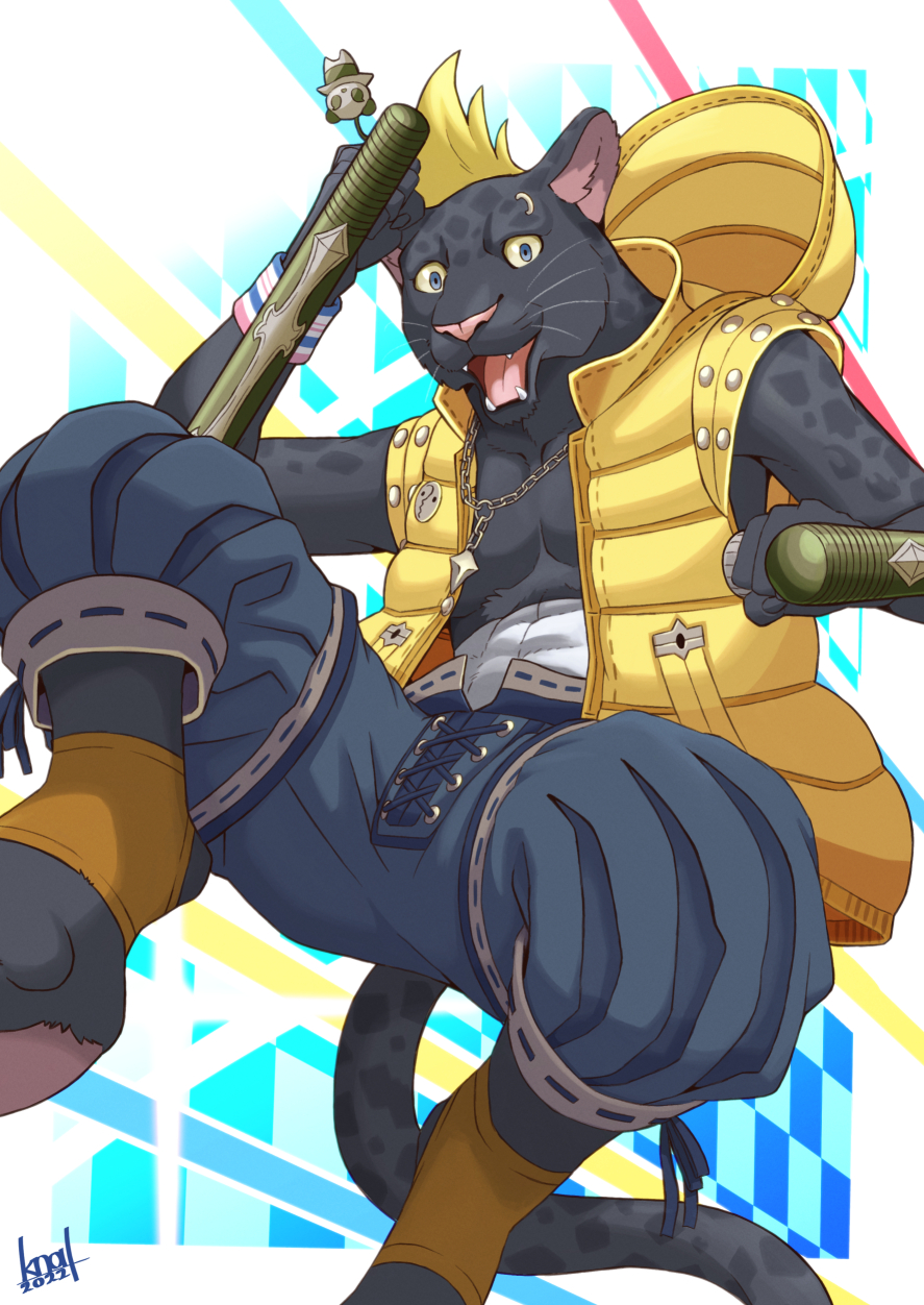 1boy, abs, animal_ears, artist_name, bandaged_torso, claw_(world_flipper), dated, english_commentary