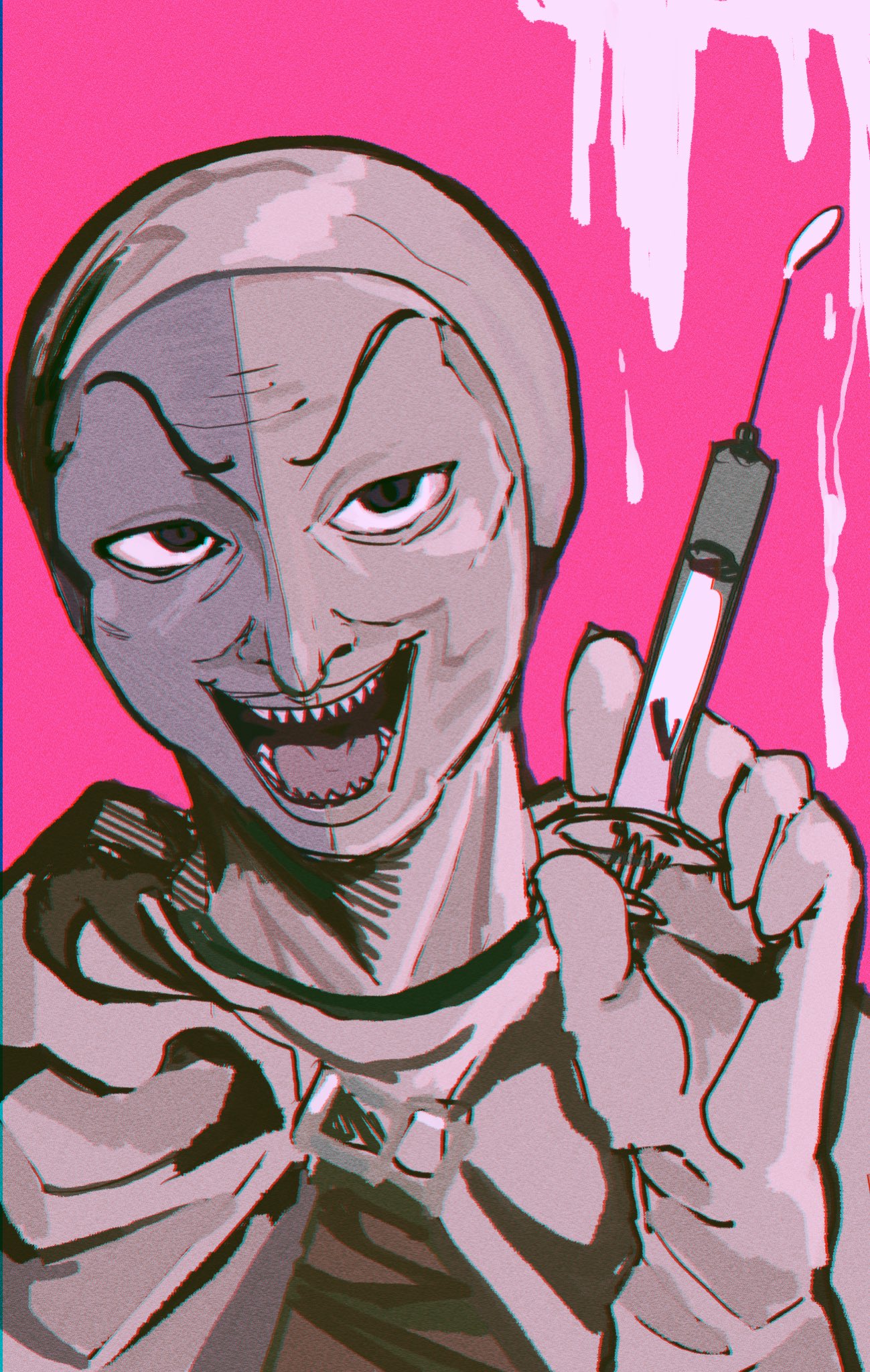 1boy, black_eyes, commentary_request, evil_smile, facepaint, fear_&amp;_hunger_(series), fear_&amp;_hunger_2:_termina, gloves
