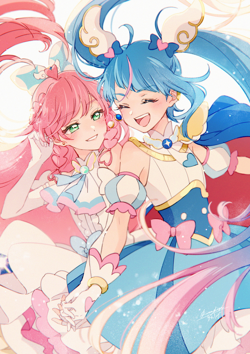 2girls, artist_name, ascot, backlighting, blue_bow, blue_cape, blue_dress, blue_hair