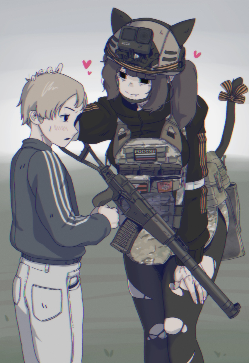 1boy, 1girl, action_camera, age_difference, animal_ears, as_val, assault_rifle, b1-517, black_eyes, blush, brown_hair, cat_ears, chin_strap, fake_animal_ears, fake_tail, gun, headpat, heart, helmet, highres, leggings, load_bearing_vest, marusha_(b1-517), military_combat_uniform, onee-shota, original, ribbon, ribbon_of_saint_george, rifle, russian_flag, russian_ground_forces, scar, scar_on_hand, sniper_rifle, standing, tail, tail_ornament, tail_ribbon, torn_clothes, torn_leggings, track_suit, twintails, video_camera, weapon, z_(russian_symbol)