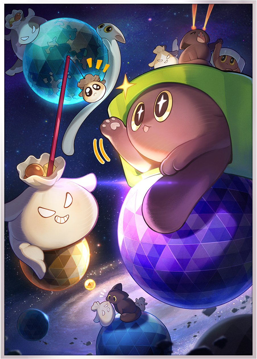 +_+, animal_focus, asteroid, border, creature, critter_pick_(honkai:_star_rail), eye_beam, gray_bean_paste_(honkai:_star_rail), grin, highres, honkai:_star_rail, honkai_(series), molten_cheese_tart_(honkai:_star_rail), no_humans, notice_lines, official_art, open_mouth, pawpads, planet, smile, space, sparkle, third-party_source, tongue, tongue_out, white_border