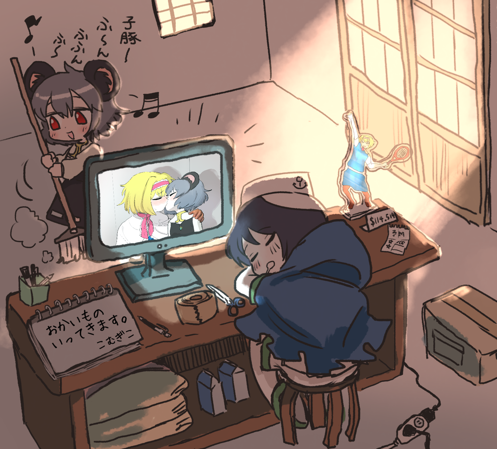 114514_(meme), 2girls, acrylic_stand_(object), alice_margatroid, anchor_symbol, animal_ears, black_hair, blush, box, broom, colored_skin, commentary_request, computer, cookie_(touhou), full_body, grey_hair, grey_skirt, grey_vest, haburashi, hat, holding, holding_broom, ichigo_(cookie), indoors, long_sleeves, manatsu_no_yo_no_inmu, meme, milk_(cookie), milk_carton, monitor, mouse_ears, multiple_girls, murasa_minamitsu, musical_note, nazrin, notepad, nyon_(cookie), open_mouth, pen, red_eyes, sack, scissors, screen_light, shirt, short_hair, skirt, skirt_set, sleeping, smile, stool, sweeping, tape, touhou, translation_request, vest, white_hat, white_shirt, white_skin, yuri_(object)