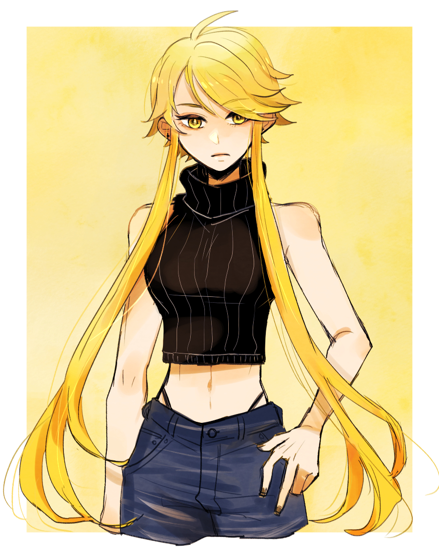 1girl, black_sweater, blonde_hair, contemporary, cropped_legs, cropped_sweater, denim, frown, hand_on_own_hip, highleg, highleg_panties, jeans, kasuga_(sengoku_basara), looking_at_viewer, midriff, navel, panties, pants, ribbed_sweater, robingdon, sengoku_basara, short_hair_with_long_locks, sleeveless, sleeveless_sweater, solo, sweater, underwear, yellow_eyes
