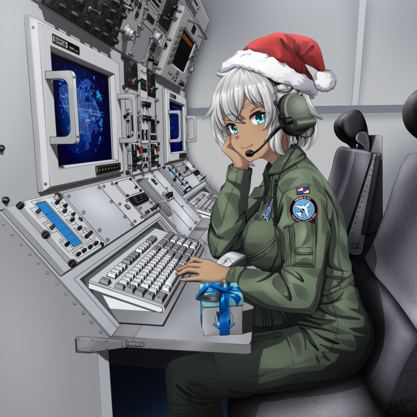 1girl, ace_combat, ace_combat_04, airplane_interior, awacs, blue_eyes, blue_ribbon, bodysuit