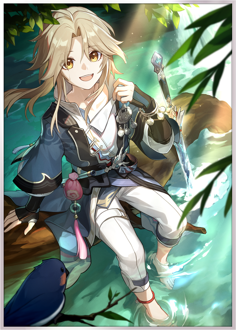 1boy, :d, ahoge, anklet, armor, asymmetrical_gloves, barefoot, bird
