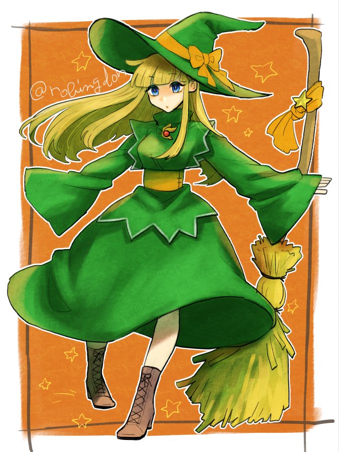 1girl, blonde_hair, blunt_bangs, boots, broom, brown_footwear, dress, full_body
