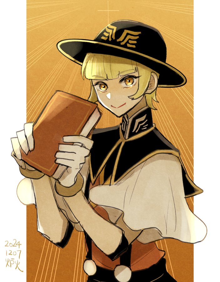 1boy, artist_name, black_hat, blonde_hair, blunt_bangs, book, dated, gloves