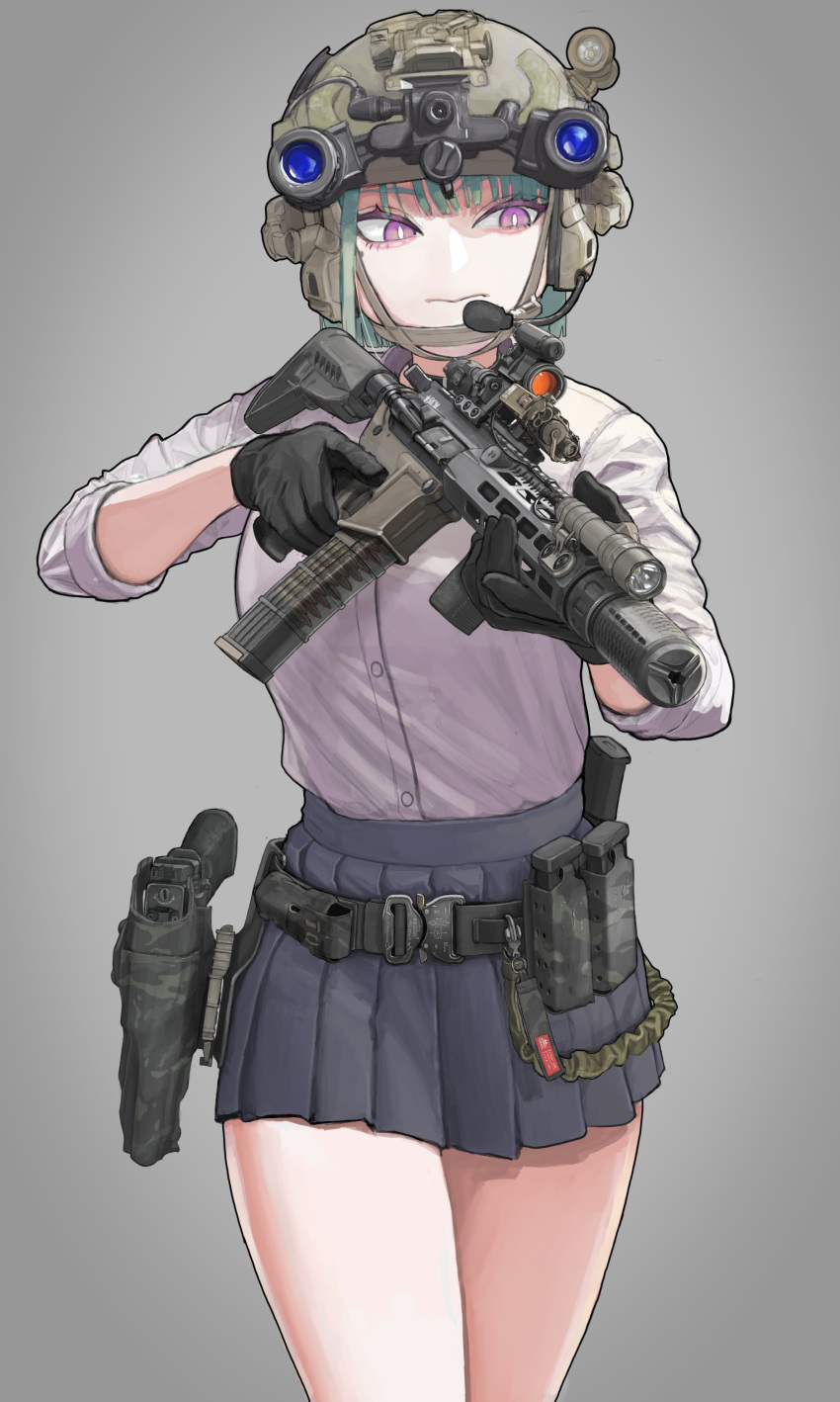 1girl, absurdres, ar-15, assault_rifle, black_gloves, cowboy_shot, flashlight, glock, gloves, green_hair, grey_background, gun, handgun, helmet, highres, holding, holding_gun, holding_weapon, holster, night_vision_device, nyo551, original, pleated_skirt, rifle, scope, shirt, skirt, sleeves_rolled_up, solo, violet_eyes, weapon, white_shirt