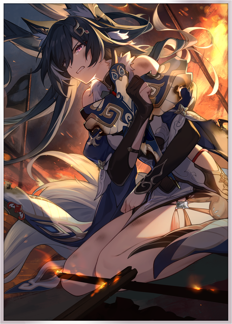 1girl, animal_ear_fluff, animal_ears, asymmetrical_gloves, battlefield, black_gloves, blue_hair, border, bruise_on_arm, bruise_on_leg, burning, burnt, clenched_teeth, elbow_gloves, explosion, feet_out_of_frame, fire, flag, floating_hair, fox_ears, fox_girl, fox_tail, from_side, gloves, hair_ornament, highres, holding_kite, honkai:_star_rail, honkai_(series), kite, long_hair, looking_ahead, official_art, outdoors, red_eyes, seiza, sitting, slit_pupils, solo, tail, tassel, tearing_up, teeth, third-party_source, uneven_gloves, white_border, yukong_(honkai:_star_rail)