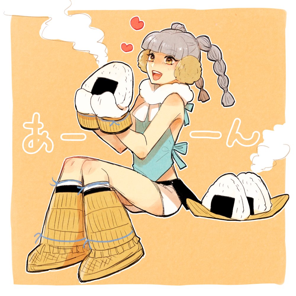 1girl, :d, bare_shoulders, blue_shirt, blunt_bangs, braid, commentary_request, earmuffs