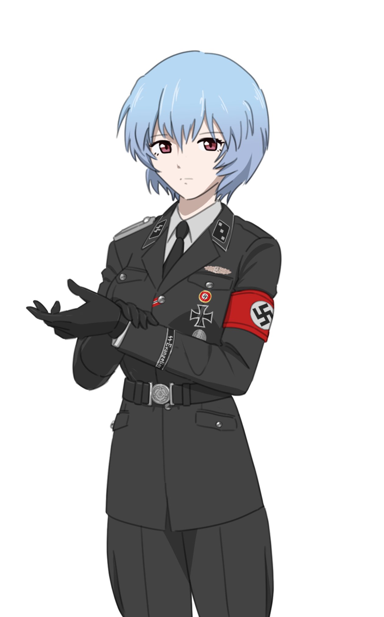 1girl, armband, ayanami_rei, belt, black_cat03, black_gloves, black_jacket, black_necktie, black_pants, blue_hair, closed_mouth, collar_tabs, commentary, dress_shirt, english_commentary, gloves, highres, jacket, looking_at_viewer, nazi, nazi_party_pin, necktie, neon_genesis_evangelion, pants, red_armband, red_eyes, shirt, short_hair, simple_background, solo, ss_insignia, ss_uniform, waffen-ss, white_background, white_shirt